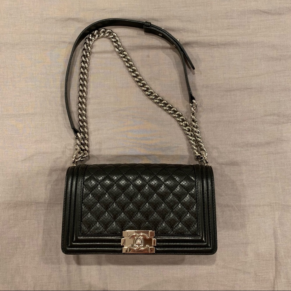 Chanel Boy Bag Old Medium Black Perforated Lambskin Leather Chrome Hardware